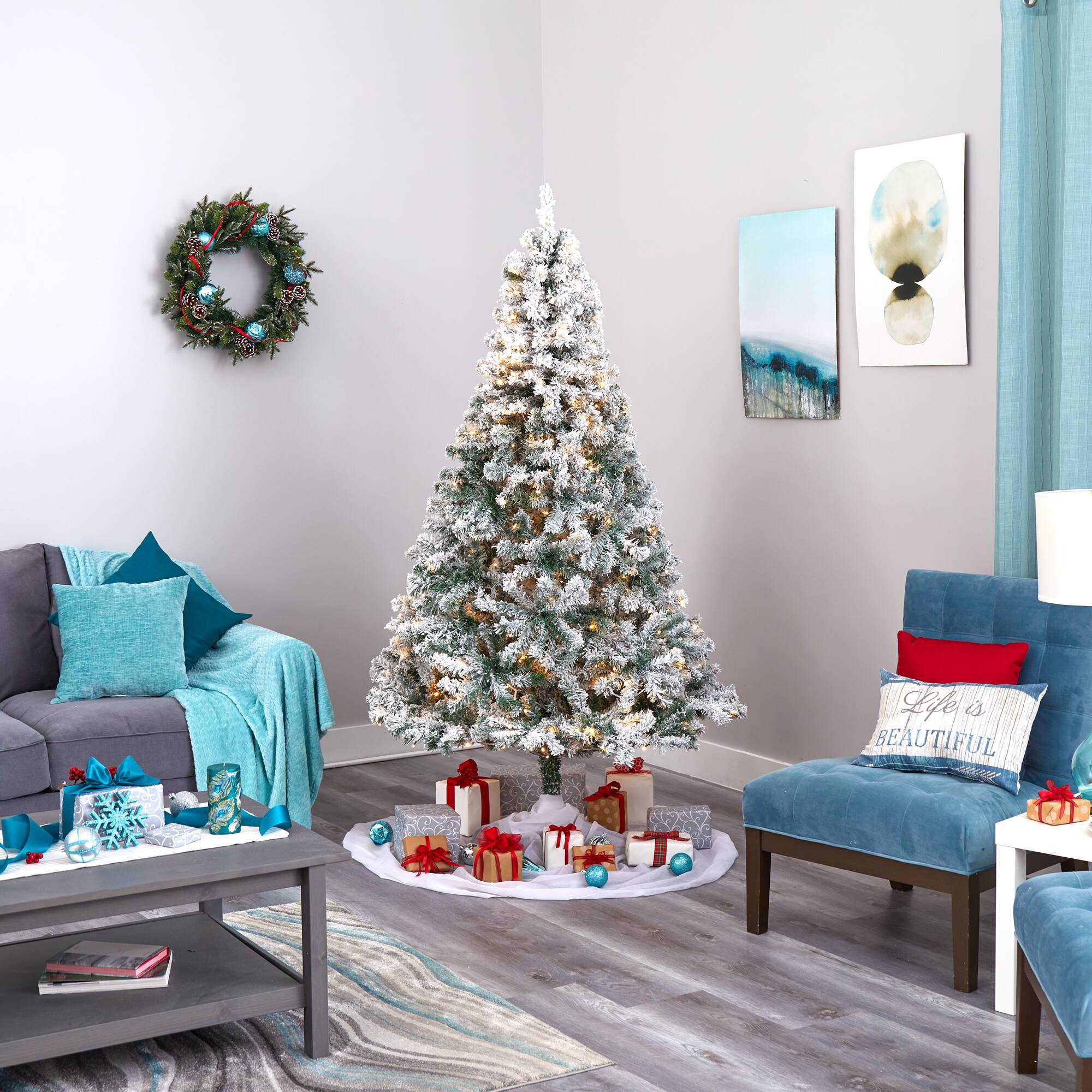 7ft. Pre-Lit Flocked Rock Springs Spruce Artificial Christmas Tree with Clear LED Lights